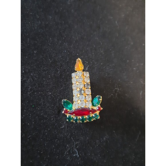 Christmas Candlestick Vintage Brooch Pin Rhinestones Red Green Clear Stones - Picture 5 of 6